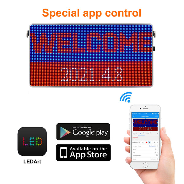 LED Sign P4 Indoor full Color Programmable Scrolling Message Display 12.9"x6.7" small size Message Board Car Rear Window Message Board Use APP Wi-Fi Control Perfect solution for advertising